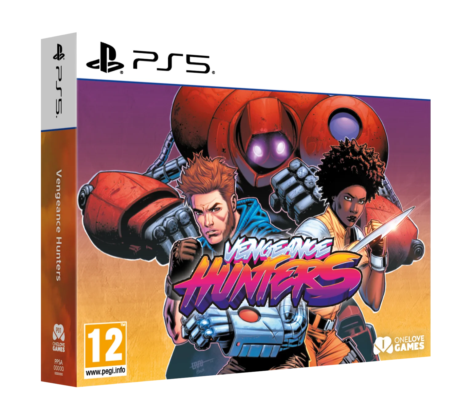 PlayStation 5 game case for 'Vengeance Hunters' with two characters and a robot on a purple and orange background.