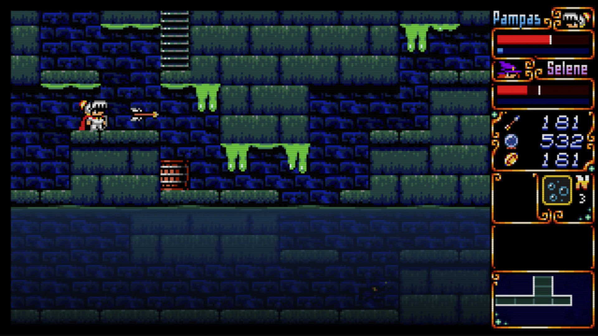 Screenshot of a pixelated video game with character and health bars on a dark background