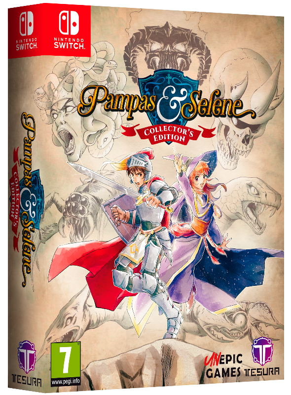 Game box for 'Pampas & Selene' Collector's Edition on Nintendo Switch with characters and dragons on a beige background.