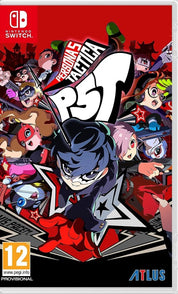 Box art for Persona 5 Tactica Switch game, featuring character illustrations in a vibrant, comic-style graphic.