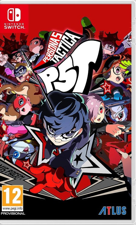 Box art for Persona 5 Tactica Switch game, featuring character illustrations in a vibrant, comic-style graphic.