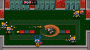 Pixel art-style game scene with characters and objects on a green platform.