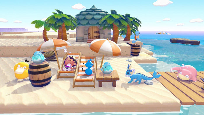 Cartoon characters relaxing on a tropical beach with palm trees and ocean view.