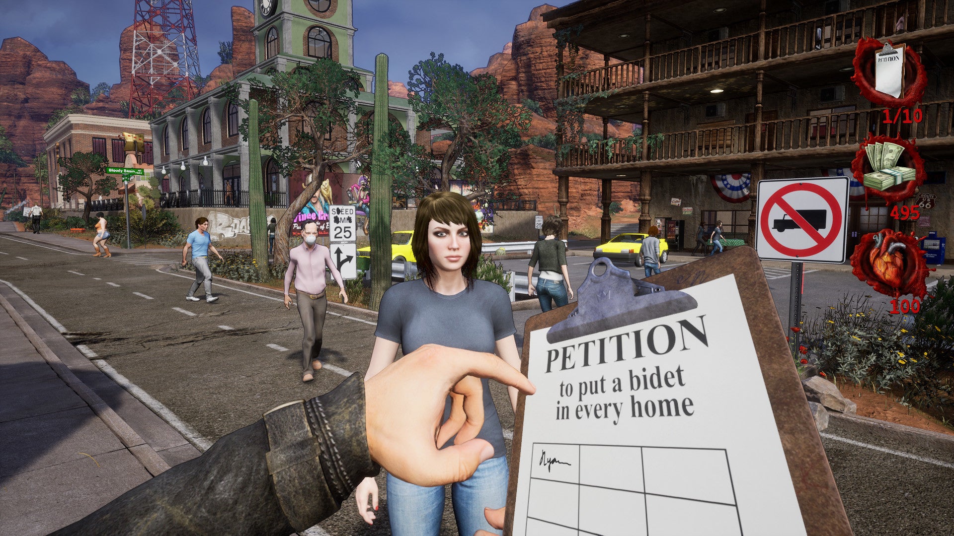 Surreal scene with a person holding a baby and a petition sign in an urban setting.