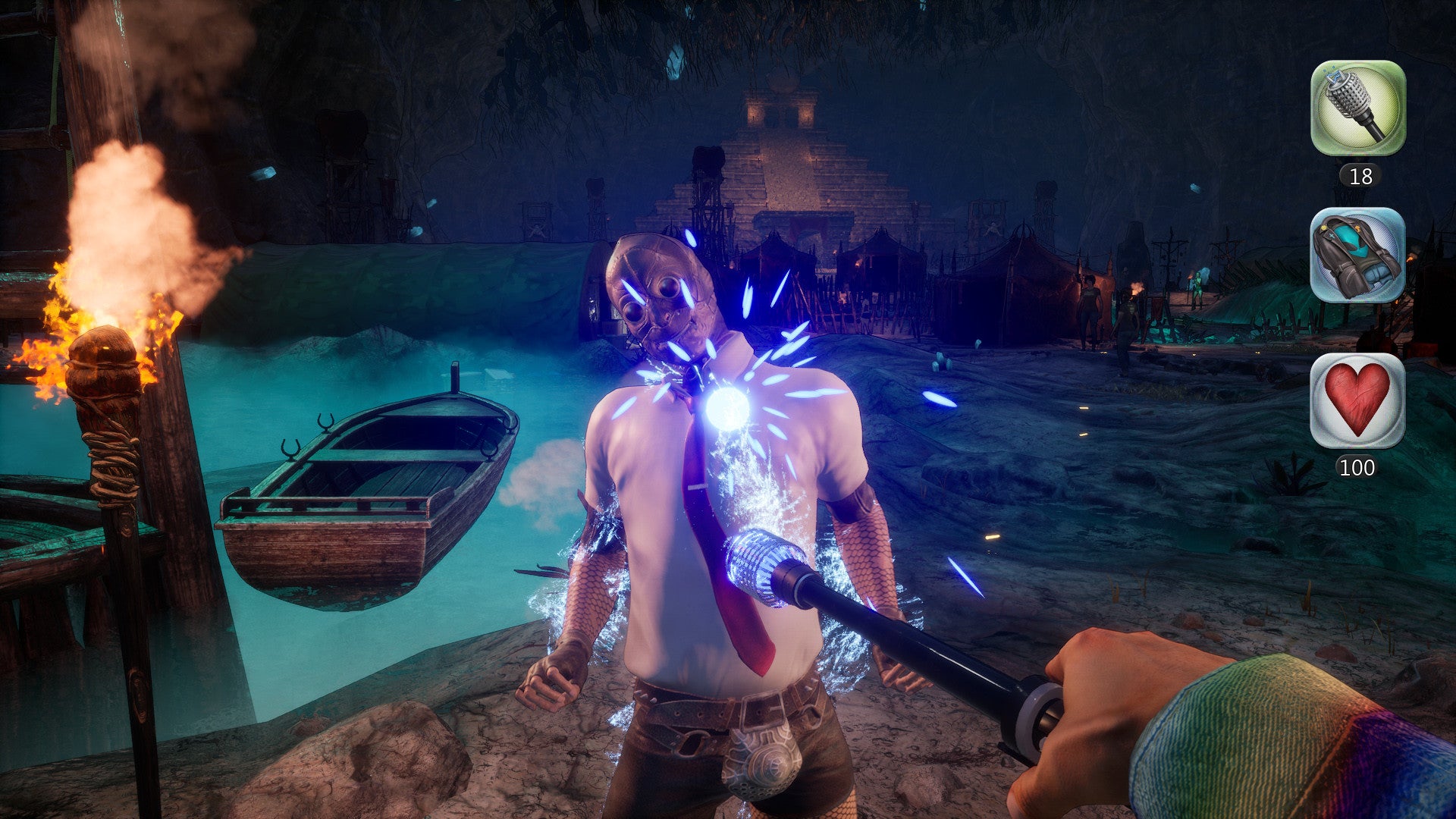 Character in a video game being attacked by a weapon with a boat and torch in the background