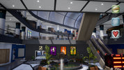 Modern indoor mall with escalators and decorative elements