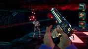 First-person shooter game scene with a gun and character in a dark, futuristic room.