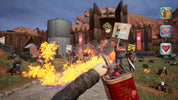 Sandbox game scene with characters and flames in a rustic setting