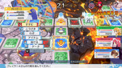 A colorful video game board game interface with Japanese text, character portraits, status bars, and a fantasy arena scene featuring a blue bird-like character, fiery lava, and a dark monster.