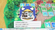 A digital illustration of a blue cartoon penguin character with a slot-machine face, overlaid on a colorful game board with Japanese text.