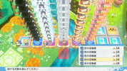 A top-down screenshot from a stylized fantasy game showing a castle-like structure, towers, colorful terrain, and a blue status panel on the right with Japanese text.