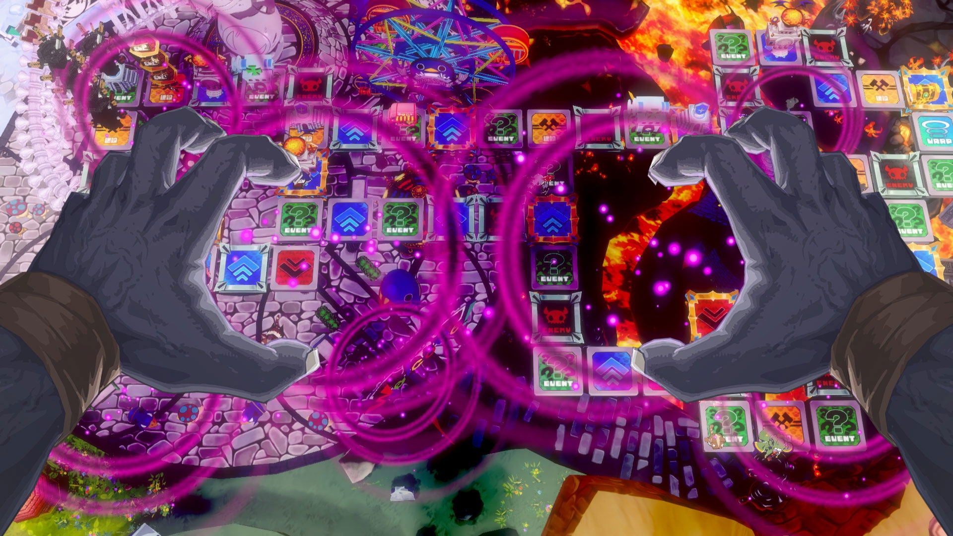A highly detailed, vibrant fantasy board game scene viewed from a first-person perspective, featuring two large gray hands reaching toward a central grid of colorful game tiles surrounded by glowing magenta energy rings.