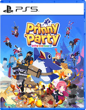 Front cover of the PlayStation 5 game Prinni Party: Going Overboard!, featuring a colorful illustrated scene with many cartoon characters and a blue PlayStation 5 PS5 logo banner at the top.
