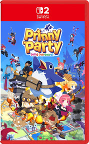 Nintendo Switch game case for Priny Party: Going overboard!, featuring colorful chibi-style characters and a bright illustrated cover with a red Nintendo Switch banner at the top.