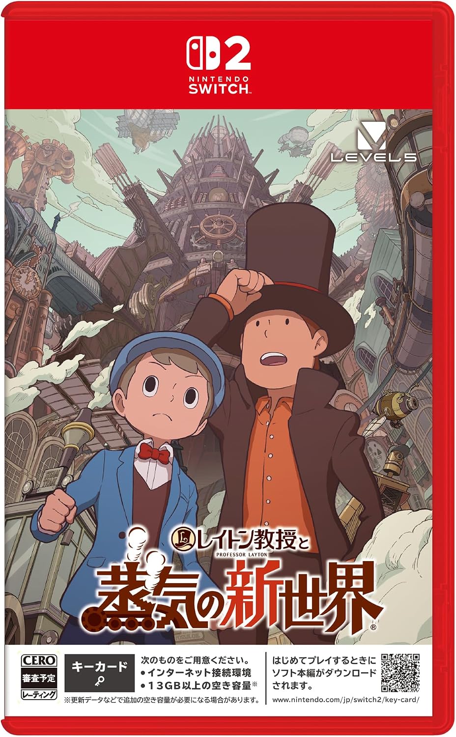 Nintendo Switch game case cover for 'The Railway Teacher and the Steam Empire's New World' featuring Level 5 branding and Japanese text, with a red border and illustrated characters in a steampunk city scene.