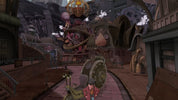 A stylized steampunk city scene with large mechanical structures, gears, pipes, and a small character in a pink jacket standing in a street in front of a giant clock-like machine.