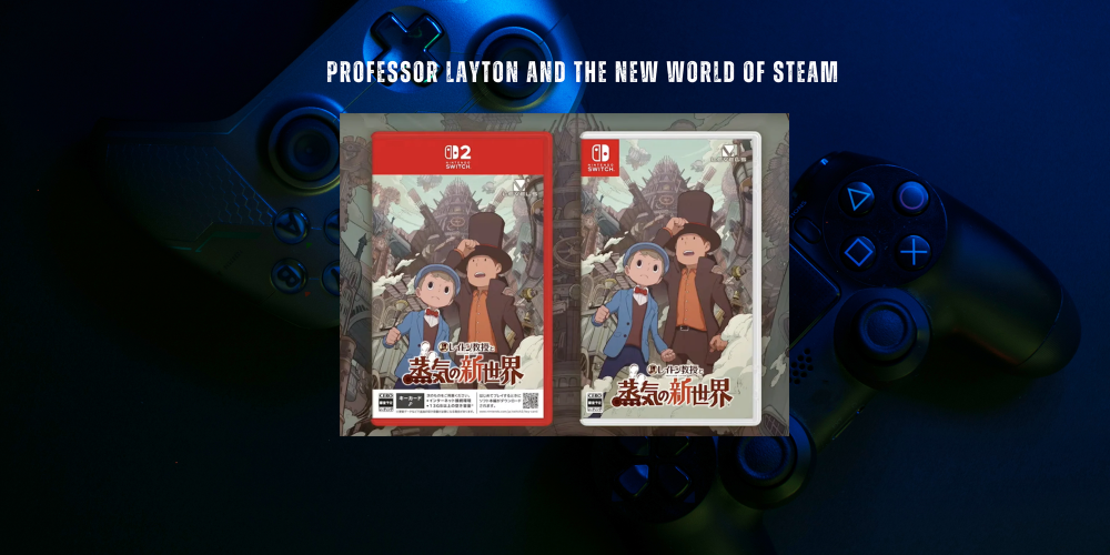 Nintendo Switch game packaging for Professor Layton and the New World of Steam shown centered over a dark blue background with a blurred game controller. The box art features Professor Layton and two children in a snowy mountain scene, with a red top banner and the Nintendo Switch logo visible.