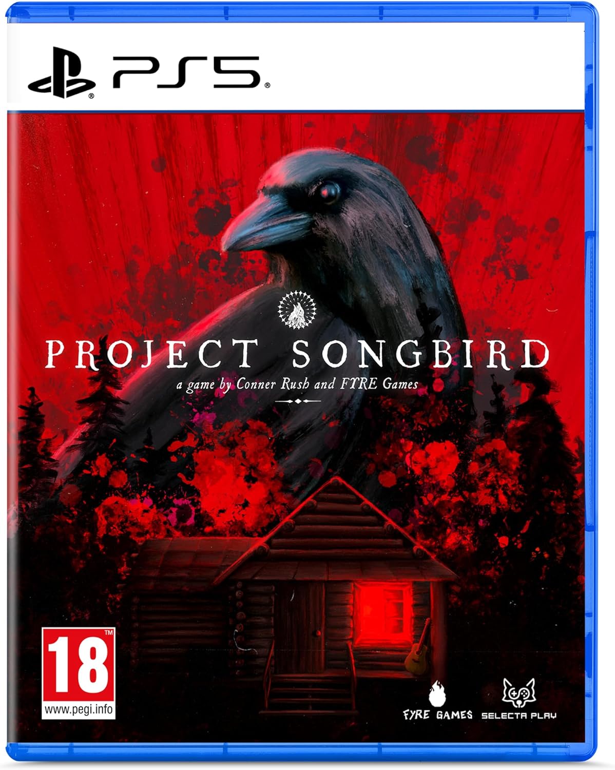 PS5 game case for Project Songbird, featuring a large black raven over a red splattered background with a small cabin and a glowing red window. Visible branding includes PlayStation 5 at the top and Firefly Games at the bottom.
