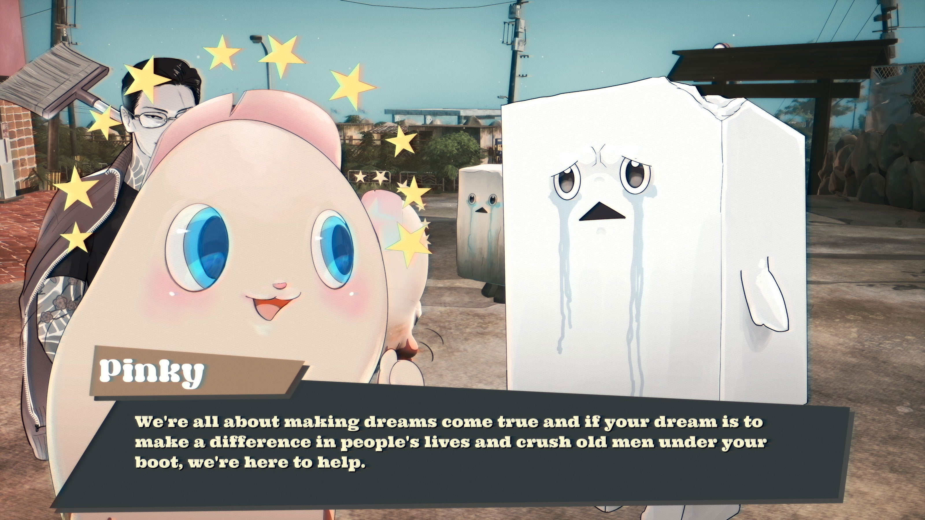 Animated character Pinky with a speech bubble and a cardboard cutout of a ghost-like figure in a junkyard setting.