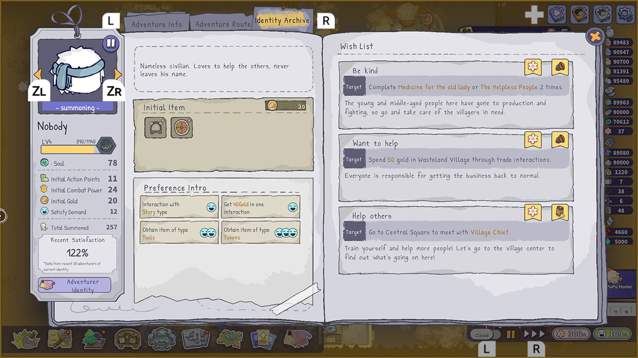 A screenshot of a digital roleplay game interface showing a character's inventory and wish list. The main character is a blue and white sailor cap labeled 'ZL' and 'Nobody'.