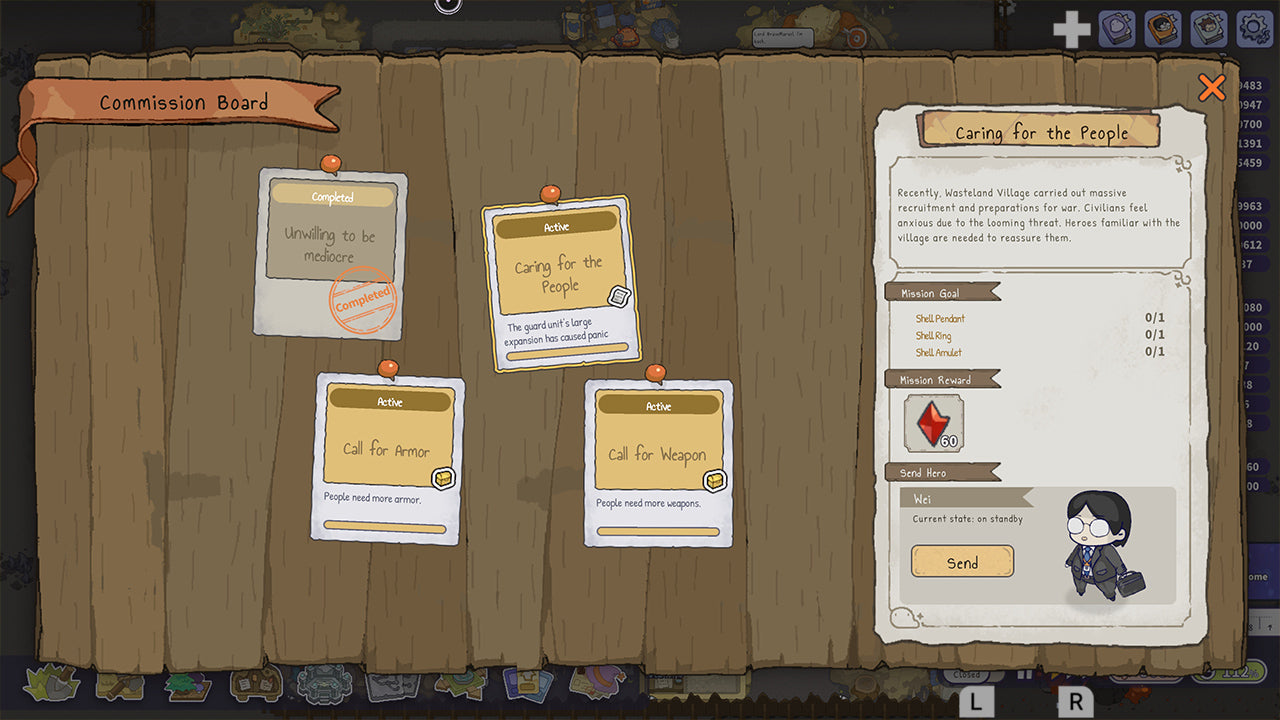 A screenshot of a game interface showing a wooden commission board with several pinned notes and a detailed note on the right titled 'Caring for the People,' including status bars and a small character illustration.