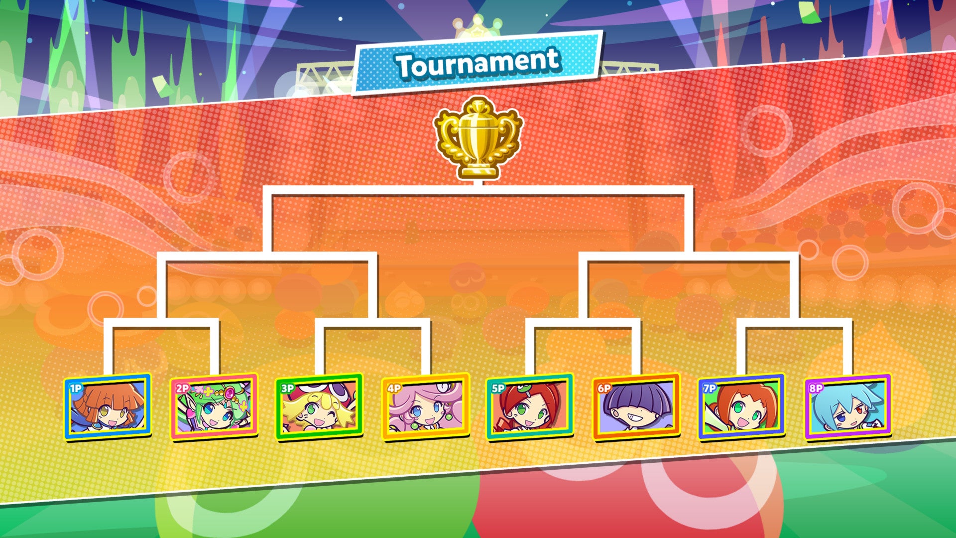 Tournament bracket with character portraits on a colorful background