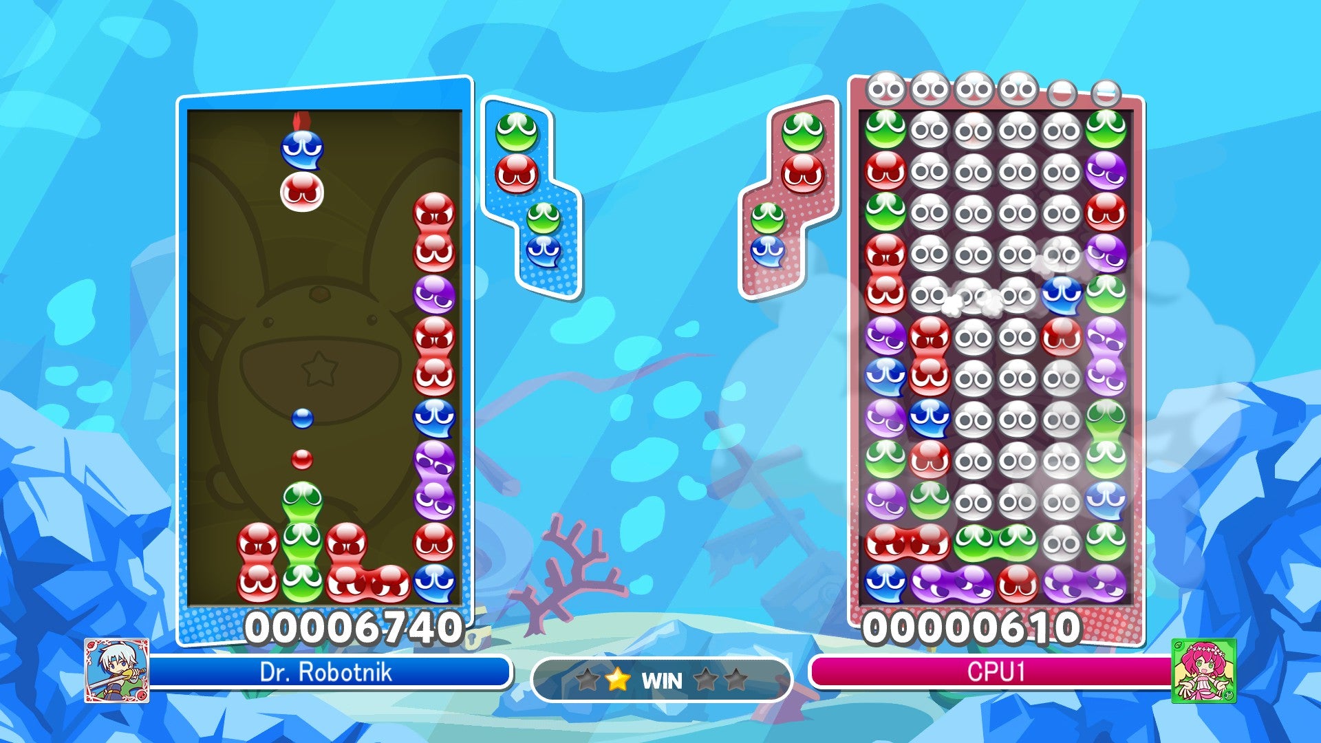 Screenshot of a puzzle game with colorful characters and a blue background