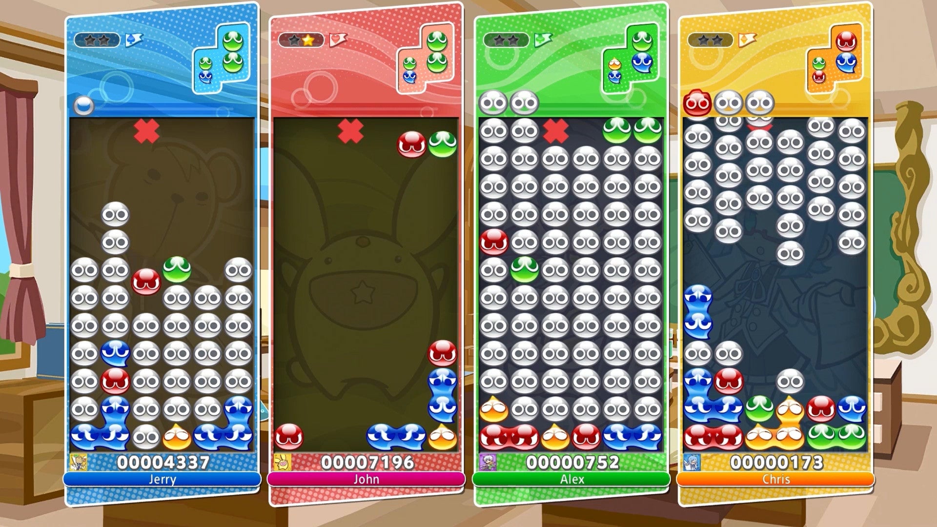 Four colorful boards with various symbols on a room background