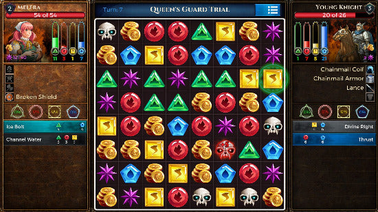 Game interface with gemstone puzzle and character stats