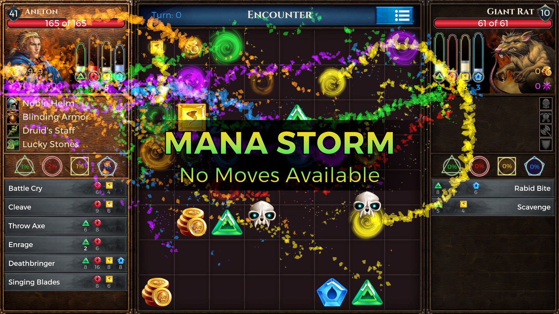 Game interface with 'Mana Storm' text and character stats on a dark background