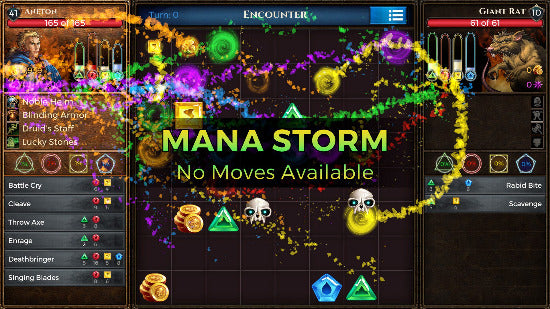 Game interface with 'Mana Storm' text and character stats on a dark background
