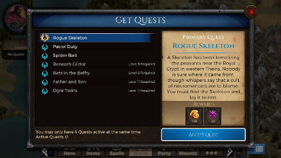 Quest selection screen from a video game with quest list and details.