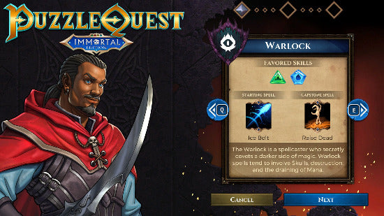 Game interface from 'Puzzle Quest' showing a Warlock character and skills.