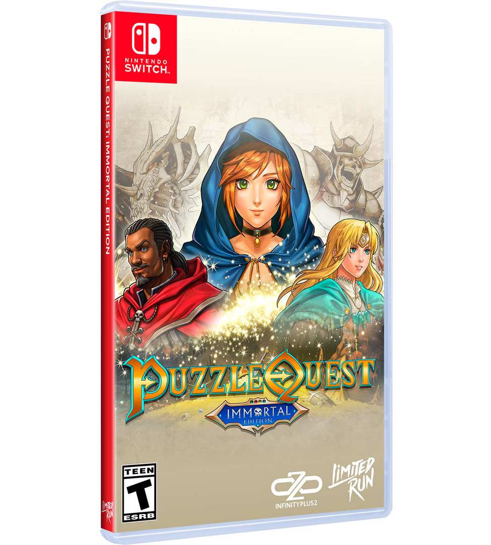 Game case for 'Puzzle Quest: Immortal' on Nintendo Switch with characters and branding.