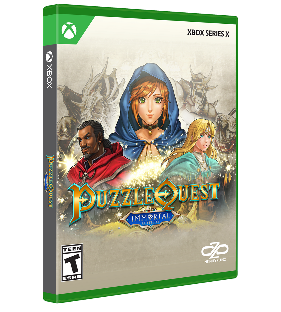 Game box for 'Puzzle Quest: Immortal' on Xbox Series X with characters and branding.