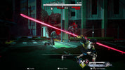 A screenshot from a dark action game scene showing a character in a crouched fighting pose with a glowing pink sword, facing enemies in an urban street setting at night. Game UI elements, health bar, and combat text are visible.