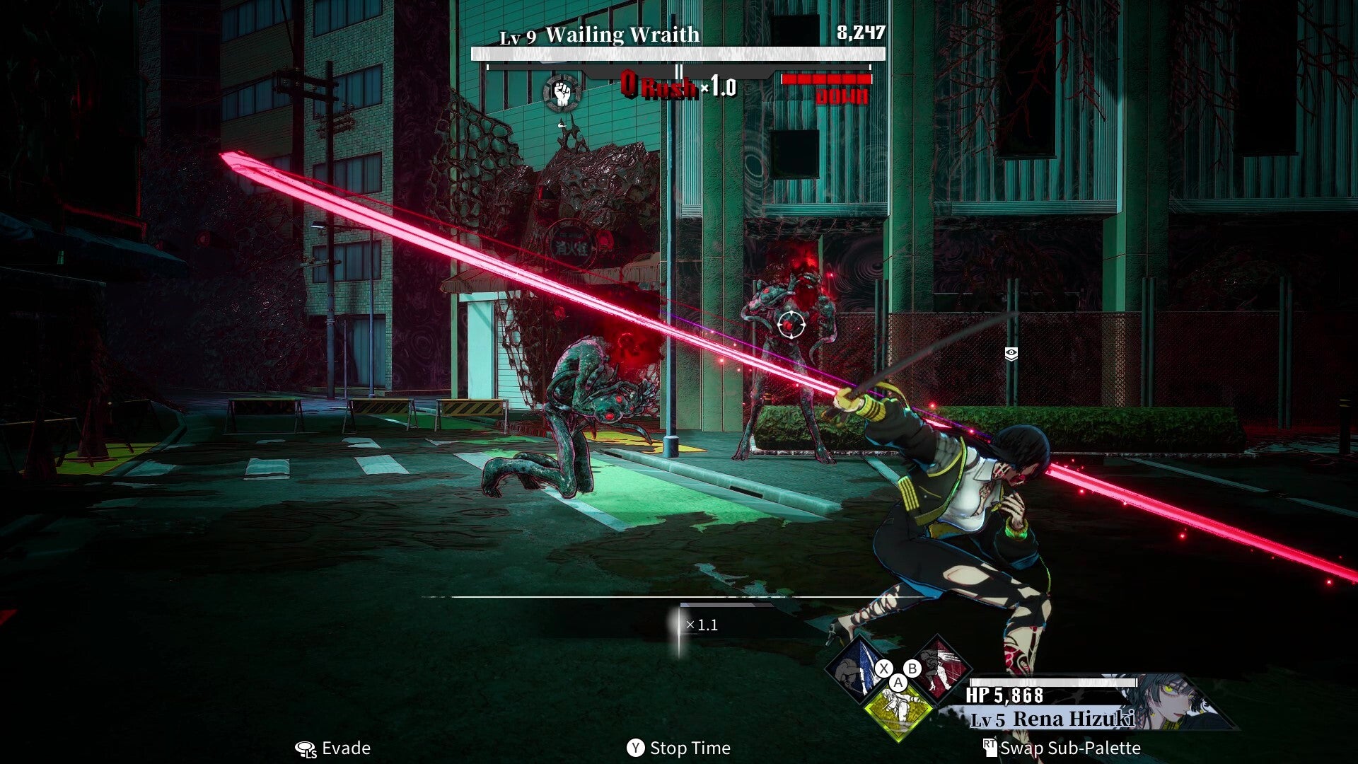 A screenshot from a dark action game scene showing a character in a crouched fighting pose with a glowing pink sword, facing enemies in an urban street setting at night. Game UI elements, health bar, and combat text are visible.