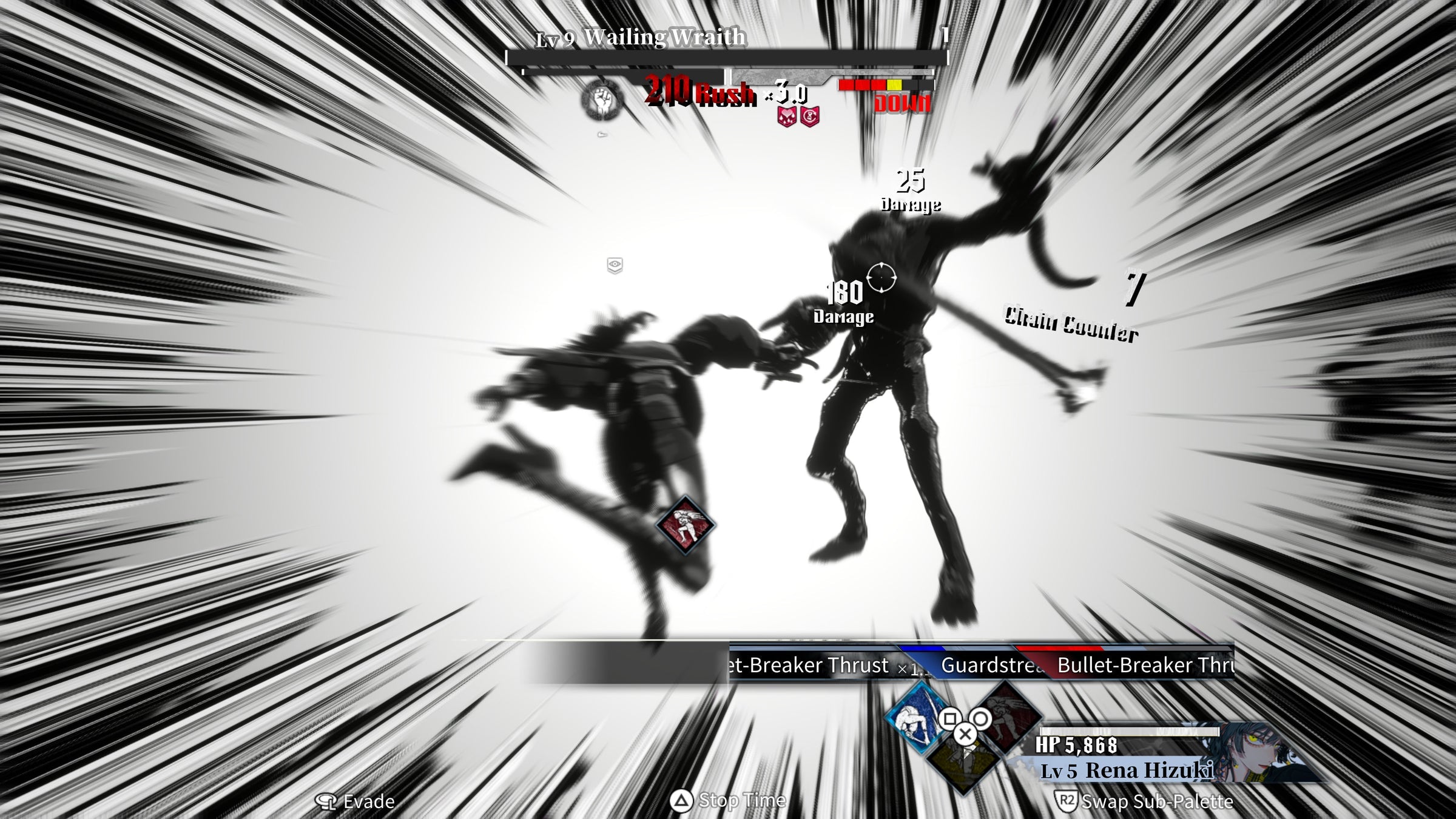 A black and white action game screenshot showing two stylized humanoid characters in a dynamic combat pose against a radial speed-line background. UI elements, health bars, and text labels are visible at the top and bottom.