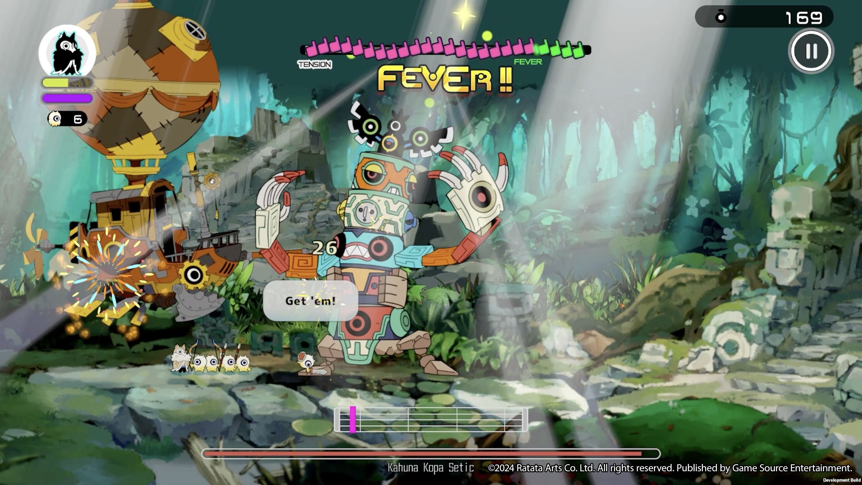 Game screen with colorful character and text 'FEVER!!' in a vibrant, animated setting.