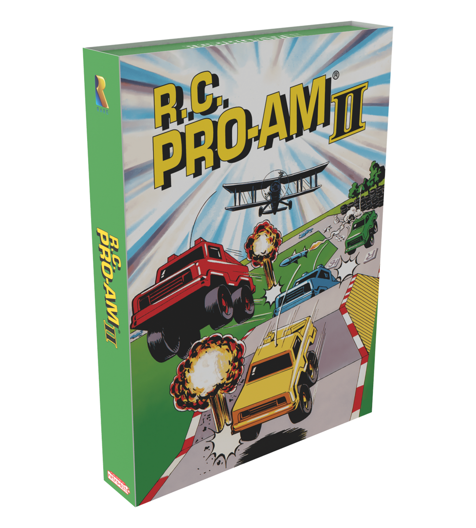 Box for R.C. Pro-Am II toy set with toy cars and a biplane on a colorful background