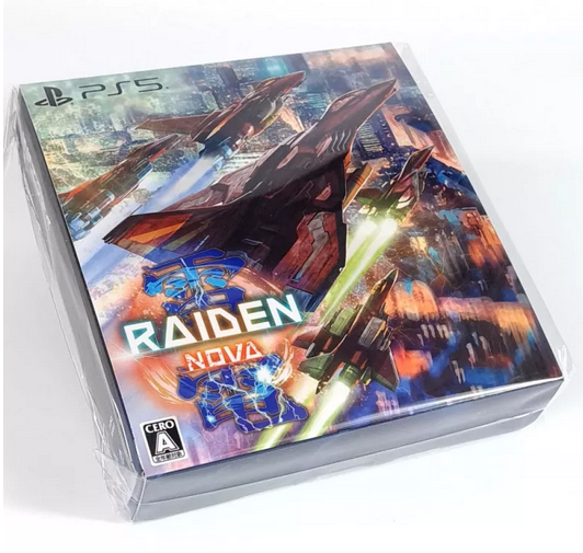 Game case for 'Raiden Nova' on PS5 with futuristic design and 'Raiden' branding.
