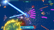 Space shooter game with player ship, enemy ships, and colorful explosions.