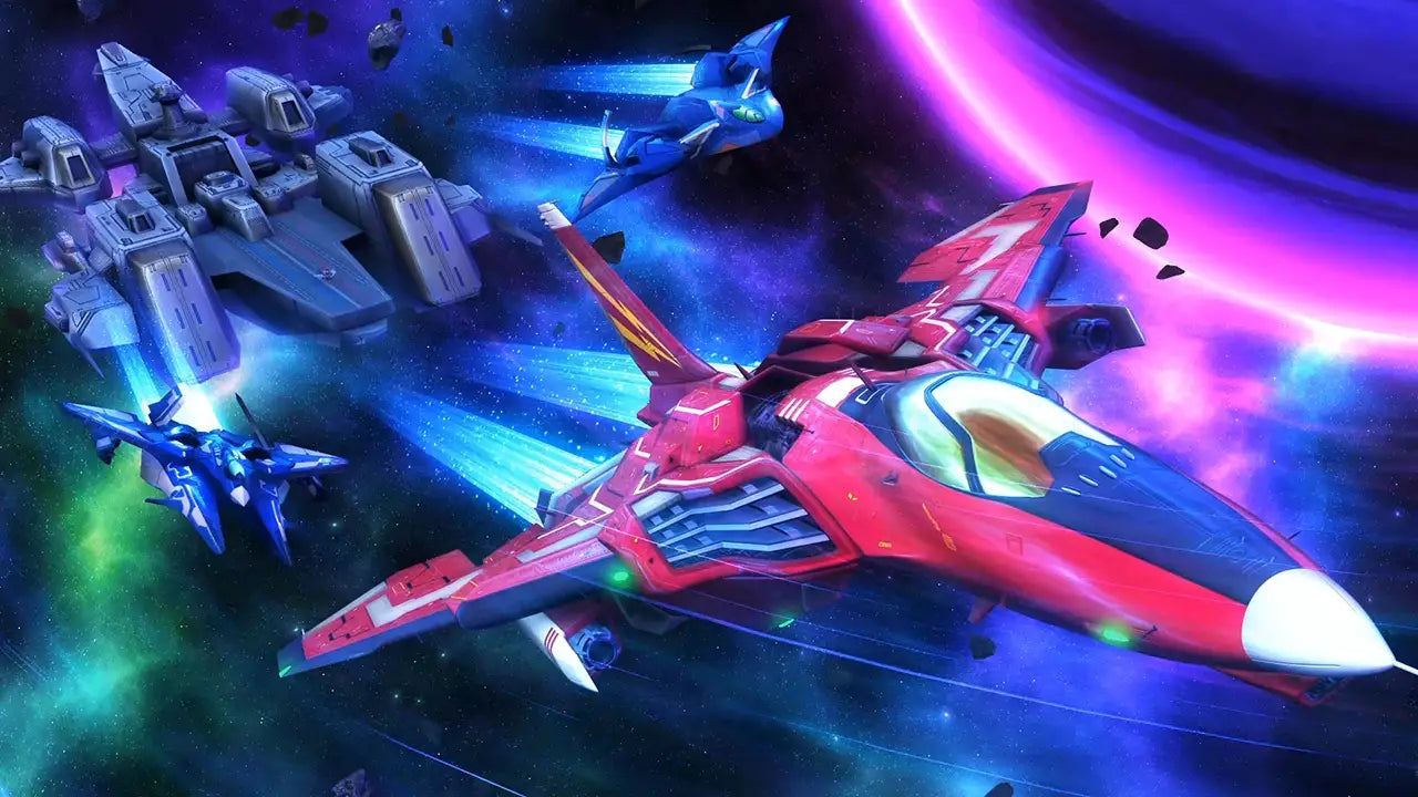 Toy robots in space with colorful lights and effects