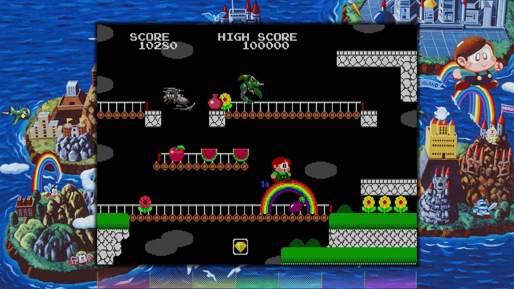 Video game screen with character and platforms, surrounded by colorful game world elements.