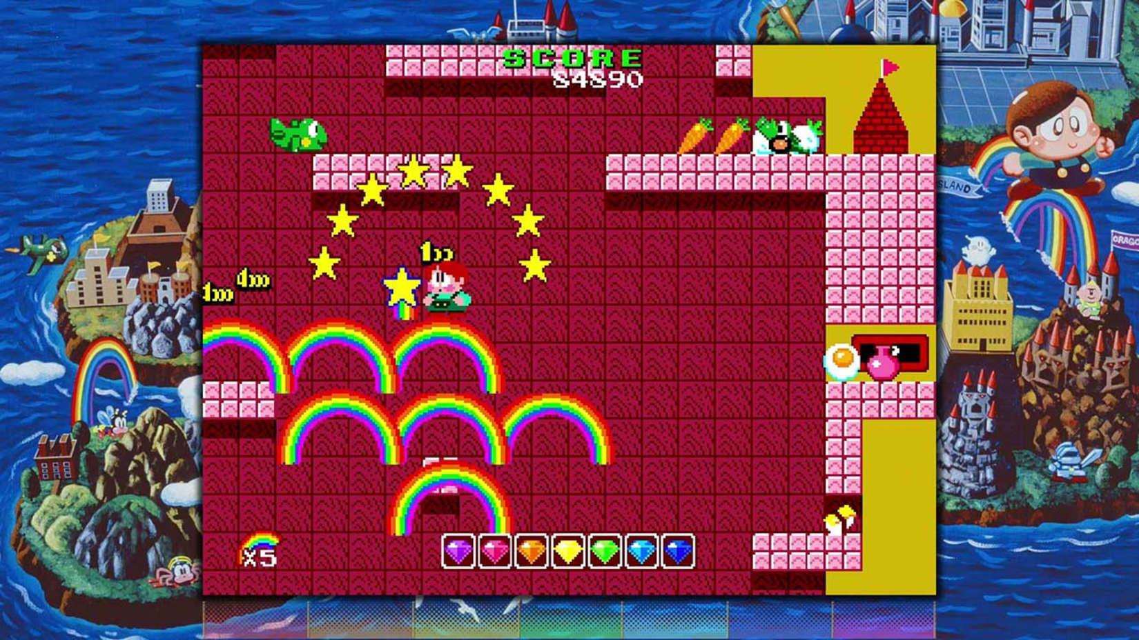 Screenshot of a retro-style platformer game with colorful levels and characters.