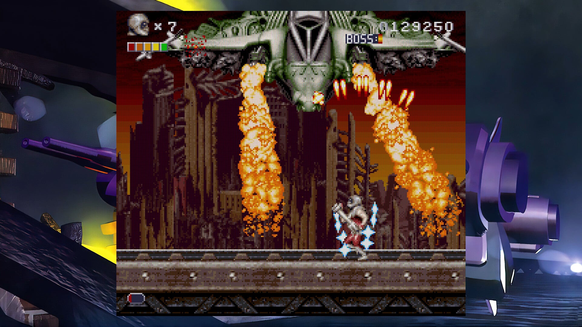 Video game screen with a boss battle scene featuring a large enemy and player character.