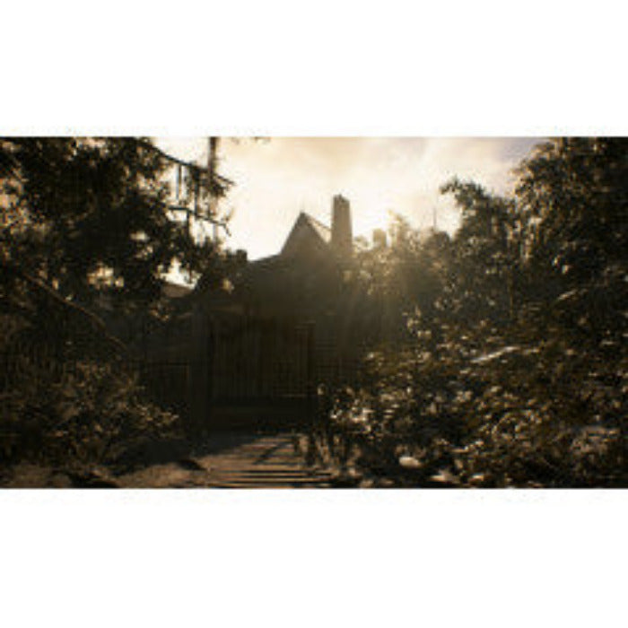 A dark, atmospheric scene of a large old mansion surrounded by dense trees, with bright sunlight streaming through the foliage and creating a hazy, high-contrast effect.