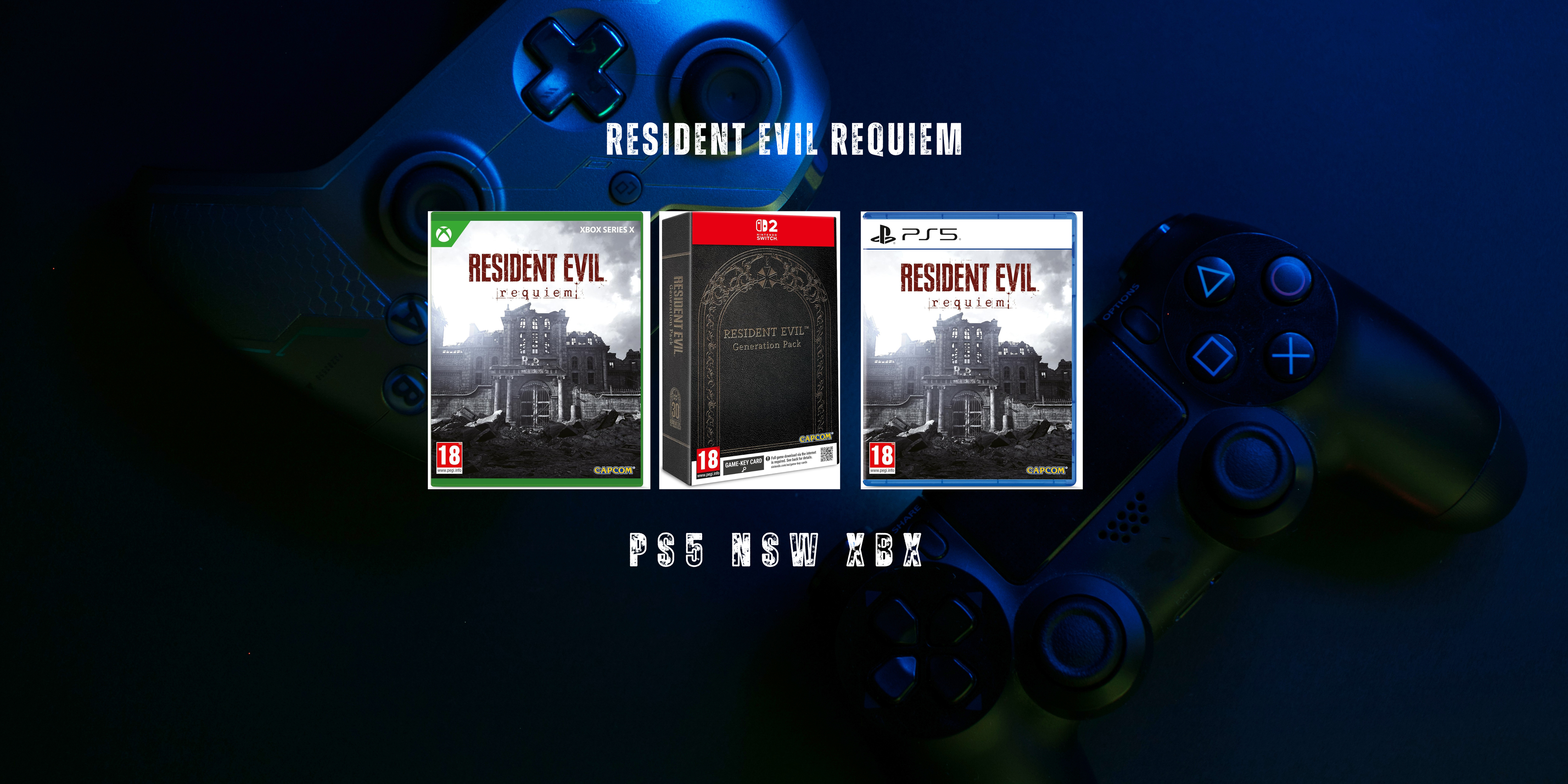 Gaming console with 'Resident Evil Requiem' game cases and controller on a dark background