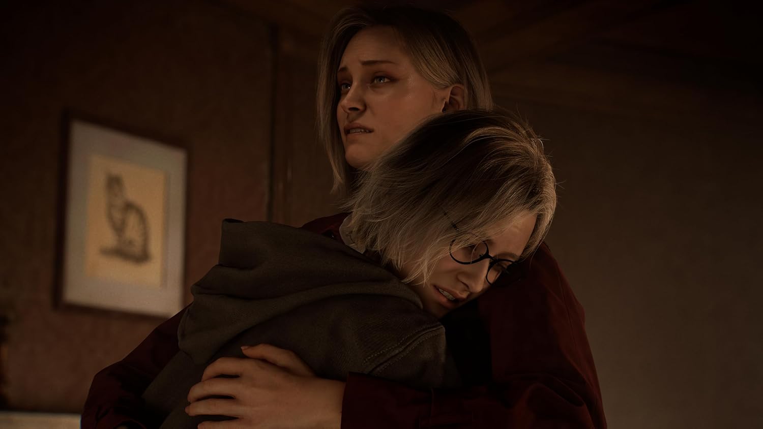 Two women embracing in a dimly lit room with a painting on the wall.