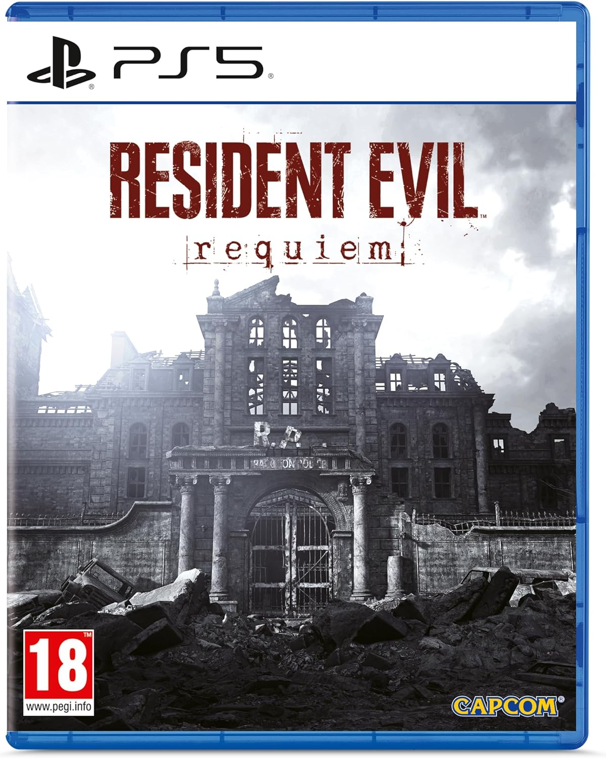 Game cover of 'Resident Evil Requiem' for PS5 with a destroyed building and Capcom logo.